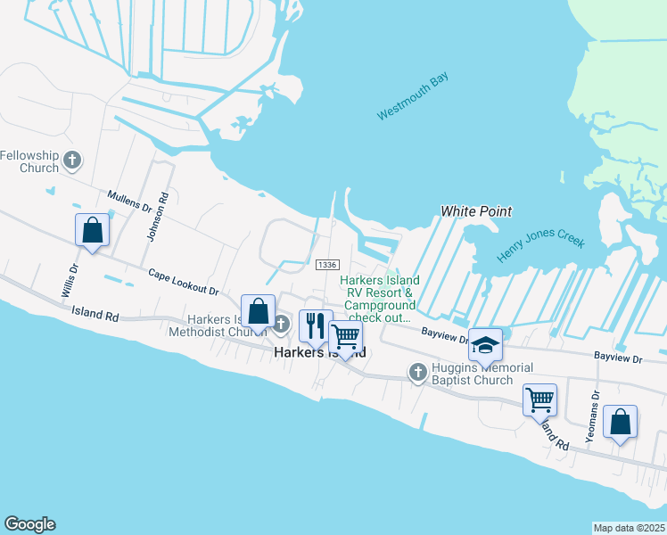 map of restaurants, bars, coffee shops, grocery stores, and more near 196 Old Ferry Dock Road in Harkers Island