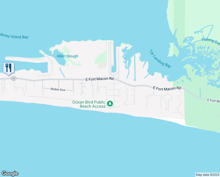map of restaurants, bars, coffee shops, grocery stores, and more near 103 Barefoot Lane in Atlantic Beach