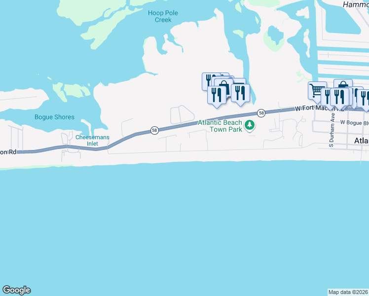 map of restaurants, bars, coffee shops, grocery stores, and more near 611-899 Ocean Ridge Dr in Atlantic Beach