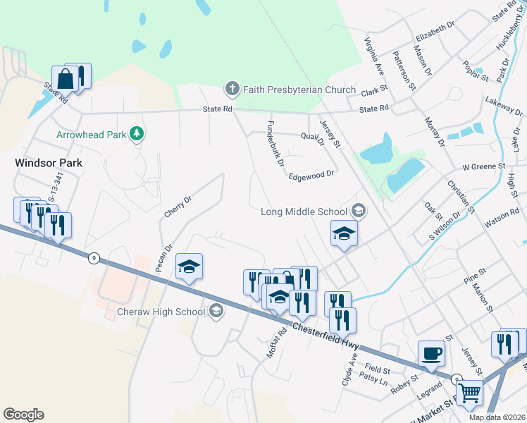 map of restaurants, bars, coffee shops, grocery stores, and more near Little John Road in Cheraw