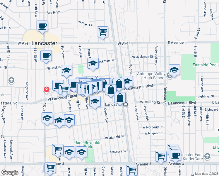 map of restaurants, bars, coffee shops, grocery stores, and more near 540 West Lancaster Boulevard in Lancaster