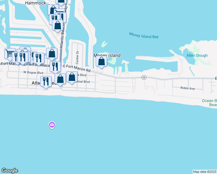 map of restaurants, bars, coffee shops, grocery stores, and more near 100-298 Caswell St in Atlantic Beach