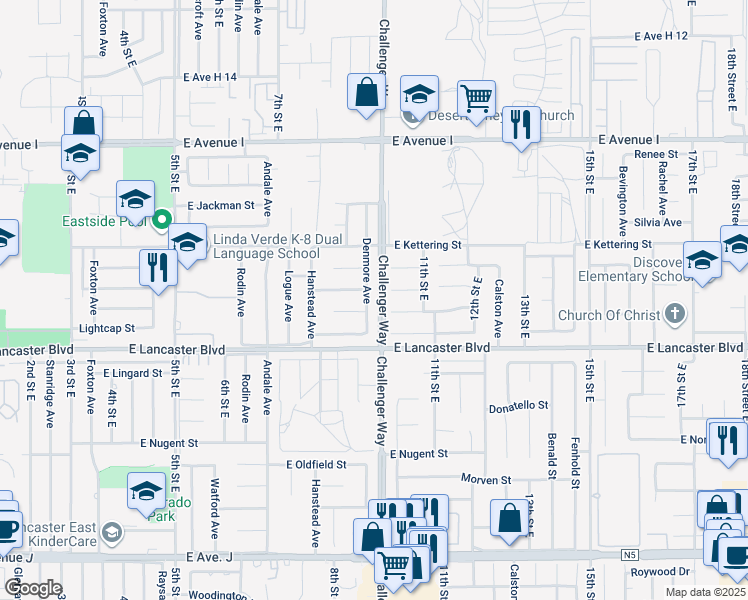 map of restaurants, bars, coffee shops, grocery stores, and more near 44844 Denmore Avenue in Lancaster