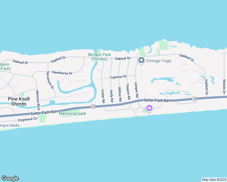 map of restaurants, bars, coffee shops, grocery stores, and more near 112 Holly Road in Pine Knoll Shores