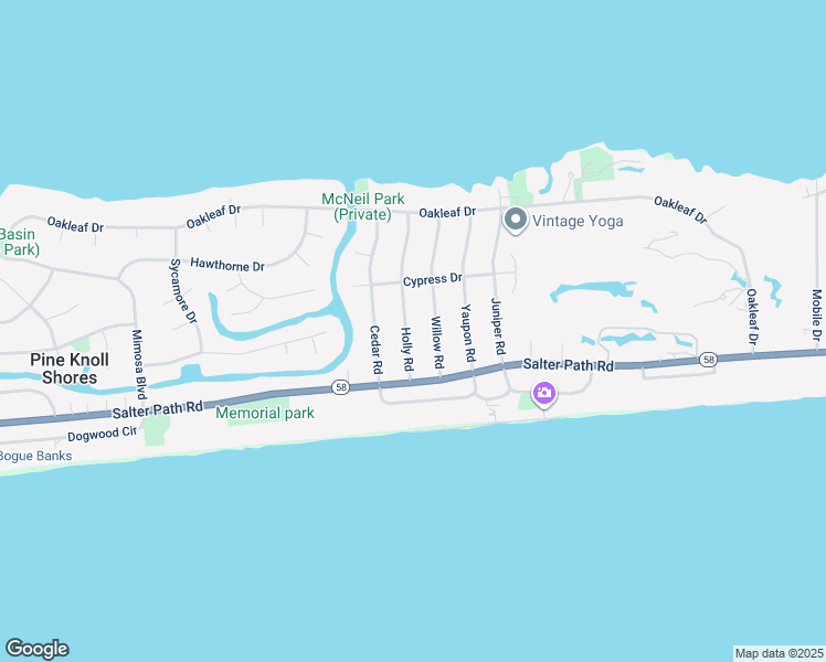 map of restaurants, bars, coffee shops, grocery stores, and more near 112 Holly Road in Pine Knoll Shores