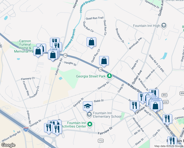 map of restaurants, bars, coffee shops, grocery stores, and more near 201 Givens Street in Fountain Inn