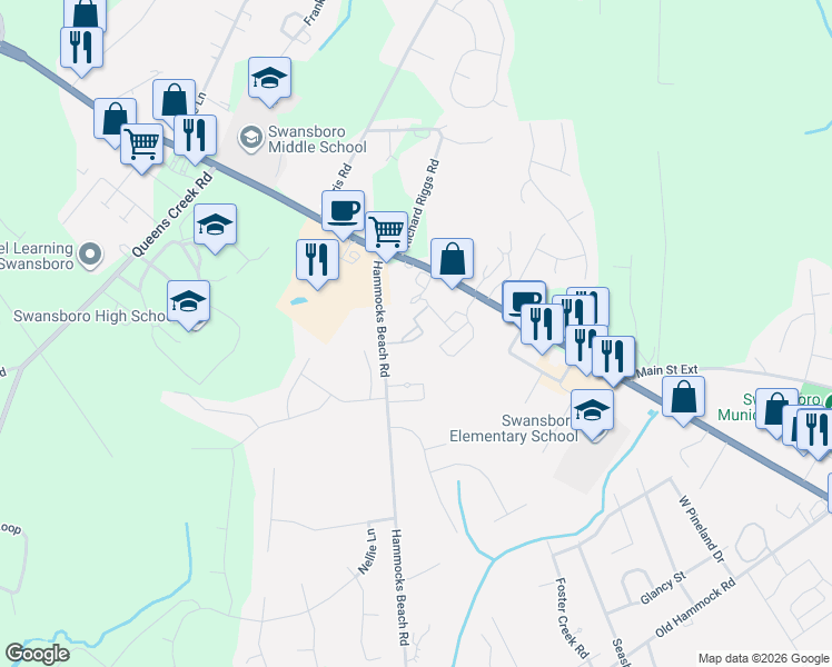 map of restaurants, bars, coffee shops, grocery stores, and more near 18 Schooner Drive in Swansboro