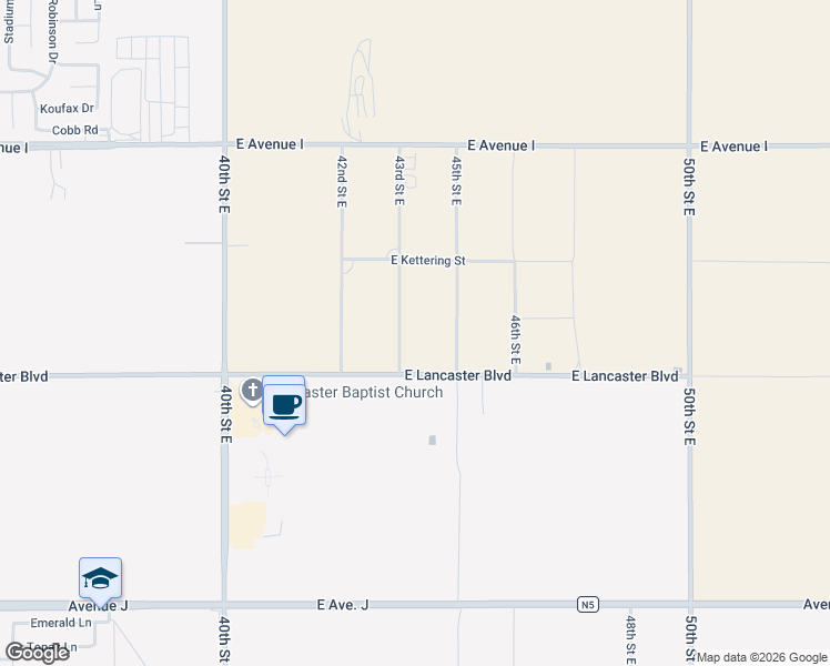 map of restaurants, bars, coffee shops, grocery stores, and more near 44850 43rd Street East in Lancaster