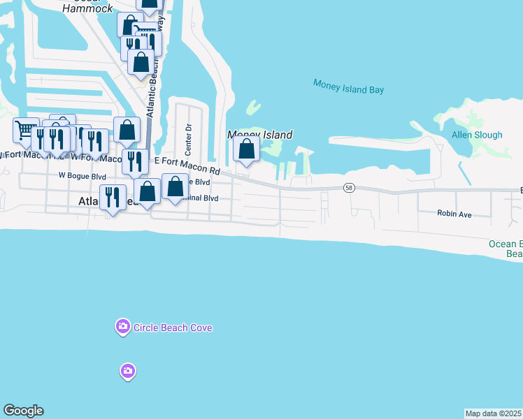 map of restaurants, bars, coffee shops, grocery stores, and more near 100-298 Caswell St in Atlantic Beach