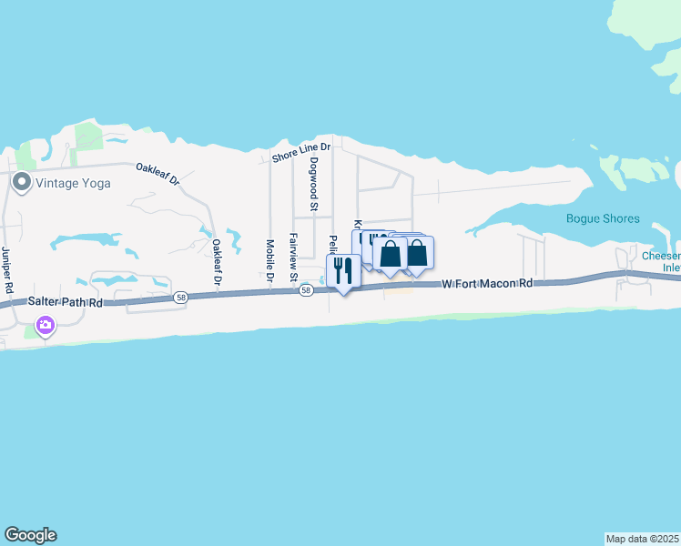 map of restaurants, bars, coffee shops, grocery stores, and more near 2717 North Carolina Highway 58 in Atlantic Beach