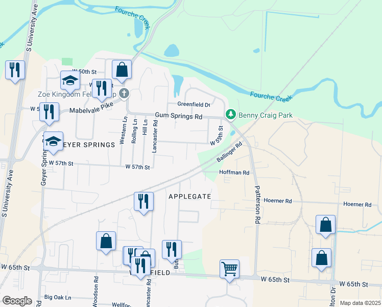 map of restaurants, bars, coffee shops, grocery stores, and more near 5530 Devonshire Court in Little Rock