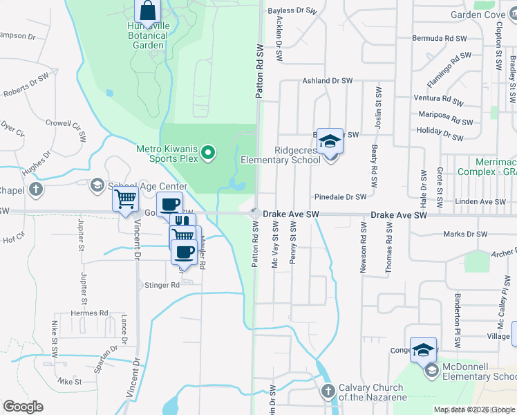 map of restaurants, bars, coffee shops, grocery stores, and more near 3629 Patton Road Southwest in Huntsville