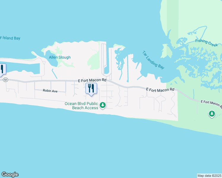 map of restaurants, bars, coffee shops, grocery stores, and more near 205 Barefoot Lane in Atlantic Beach