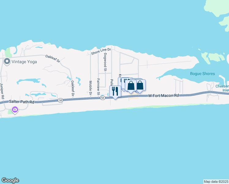 map of restaurants, bars, coffee shops, grocery stores, and more near 2717 North Carolina Highway 58 in Atlantic Beach