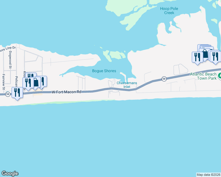 map of restaurants, bars, coffee shops, grocery stores, and more near 1701 W Fort Macon Rd in Atlantic Beach
