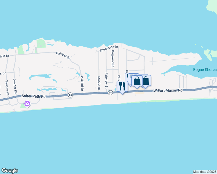 map of restaurants, bars, coffee shops, grocery stores, and more near 104-106 Salter Path Road in Atlantic Beach