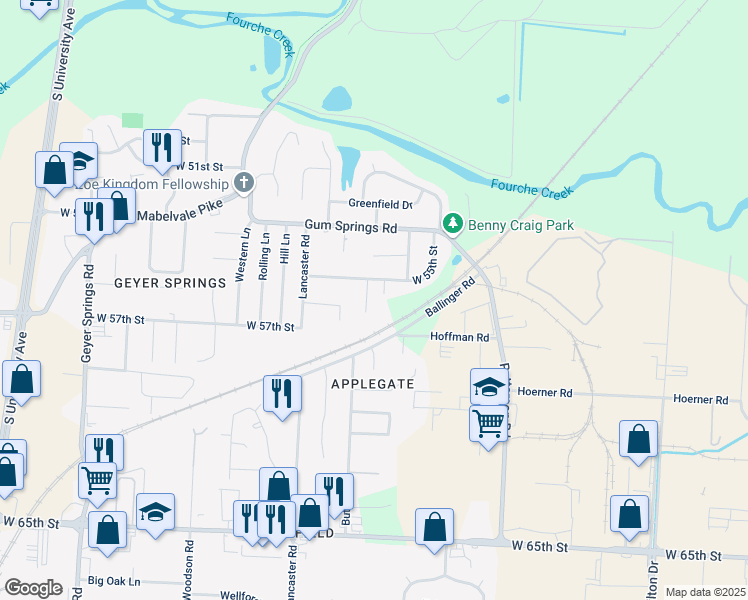 map of restaurants, bars, coffee shops, grocery stores, and more near 5530 Devonshire Court in Little Rock