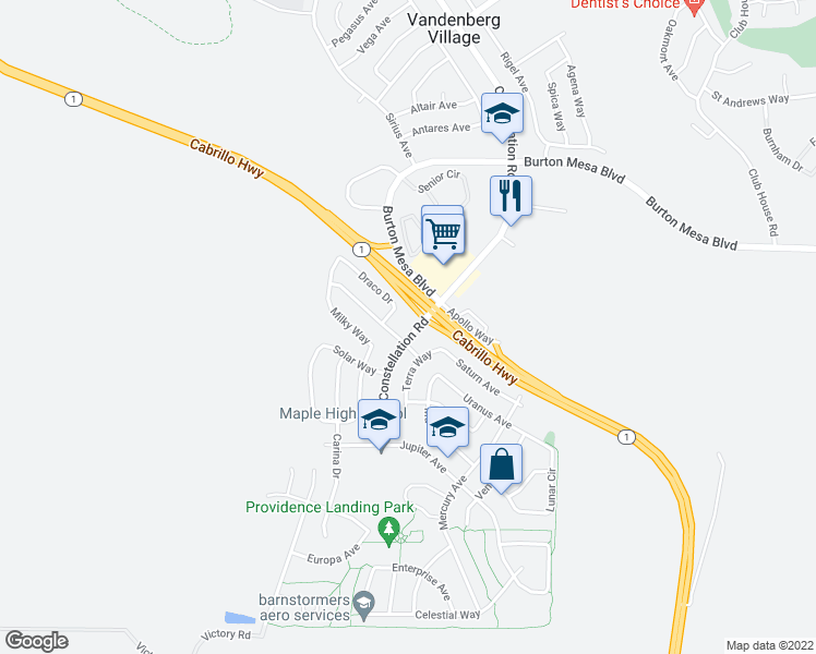 map of restaurants, bars, coffee shops, grocery stores, and more near 3641 Constellation Road in Lompoc