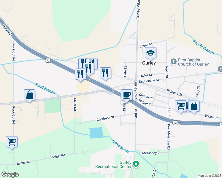 map of restaurants, bars, coffee shops, grocery stores, and more near 148 Little Cove Road in Gurley