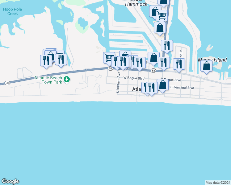 map of restaurants, bars, coffee shops, grocery stores, and more near 503 West Atlantic Boulevard in Atlantic Beach