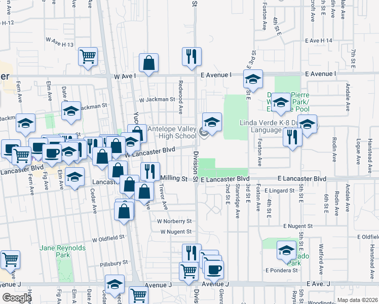 map of restaurants, bars, coffee shops, grocery stores, and more near 114 West Lancaster Boulevard in Lancaster