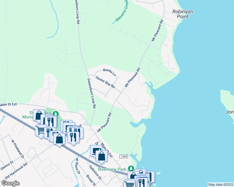 map of restaurants, bars, coffee shops, grocery stores, and more near 1175 Mount Pleasant Road in Swansboro