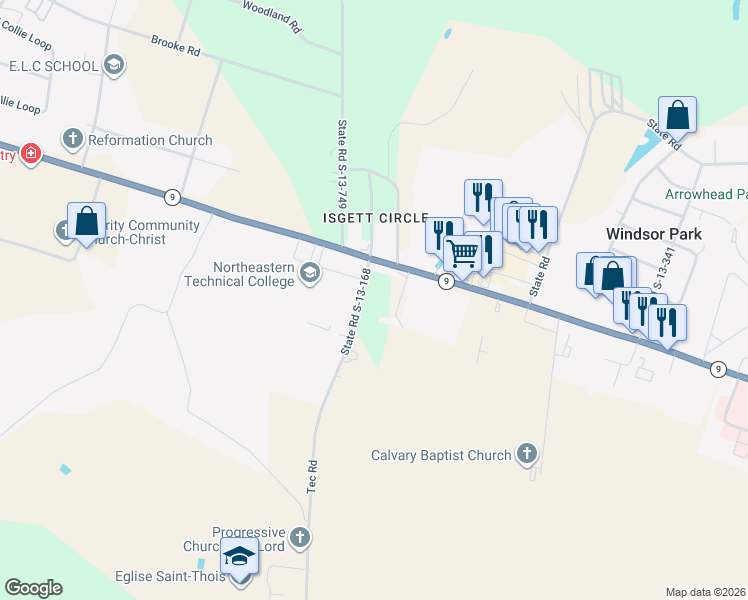 map of restaurants, bars, coffee shops, grocery stores, and more near 1044 Tec Road in Cheraw