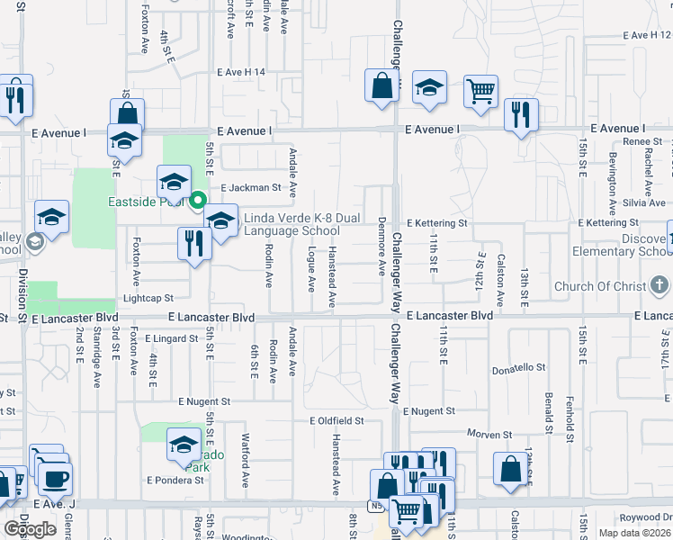 map of restaurants, bars, coffee shops, grocery stores, and more near 44831 Hanstead Avenue in Lancaster