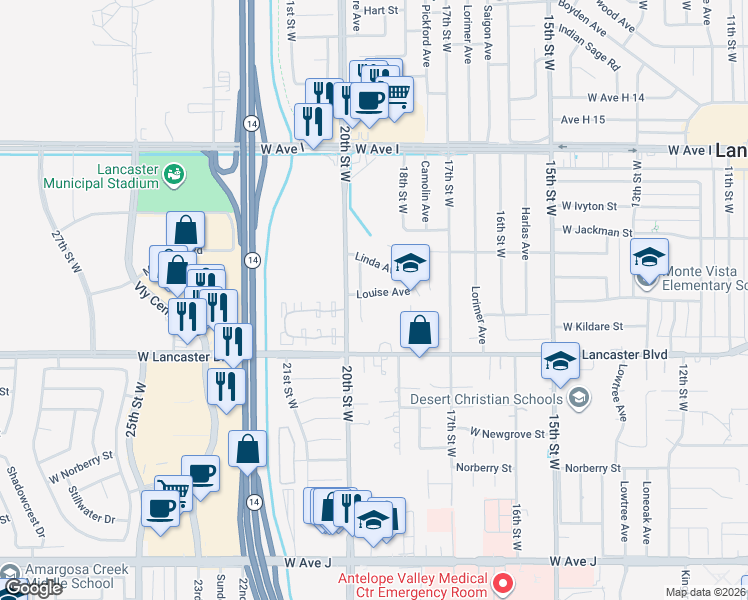 map of restaurants, bars, coffee shops, grocery stores, and more near 1821 West Lancaster Boulevard in Lancaster