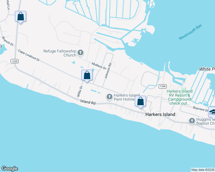 map of restaurants, bars, coffee shops, grocery stores, and more near 442 Cape Lookout Drive in Harkers Island