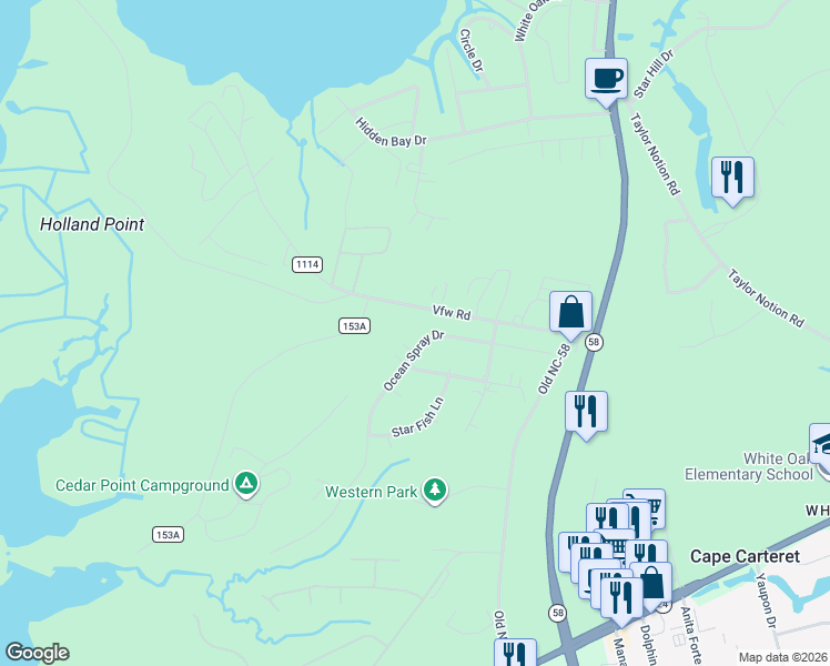 map of restaurants, bars, coffee shops, grocery stores, and more near 228 Ocean Spray Drive in Swansboro
