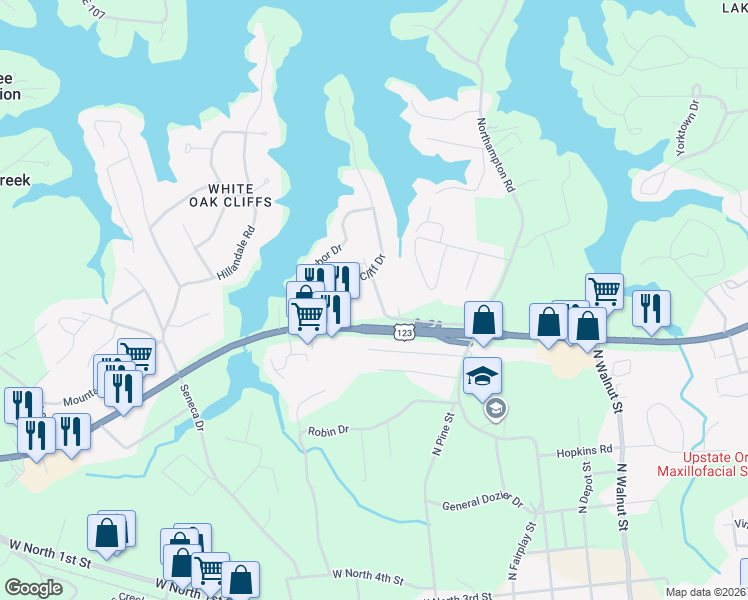 map of restaurants, bars, coffee shops, grocery stores, and more near 412 Hill Top Drive in Seneca