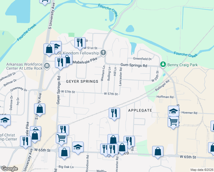 map of restaurants, bars, coffee shops, grocery stores, and more near 35 Rolling Lane in Little Rock