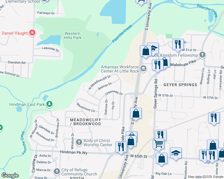 map of restaurants, bars, coffee shops, grocery stores, and more near 4 Ivy Drive in Little Rock