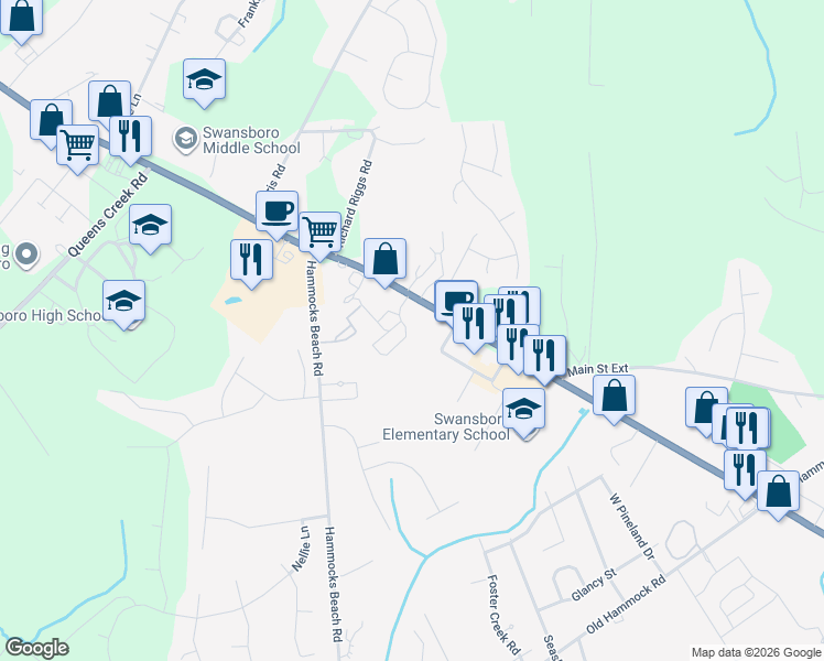 map of restaurants, bars, coffee shops, grocery stores, and more near 108 Phillips Loop Road in Swansboro