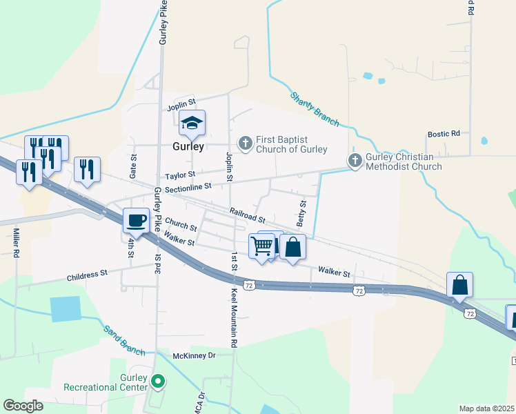 map of restaurants, bars, coffee shops, grocery stores, and more near Jackson Street in Gurley