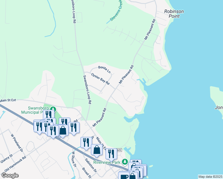 map of restaurants, bars, coffee shops, grocery stores, and more near 1175 Mount Pleasant Road in Swansboro