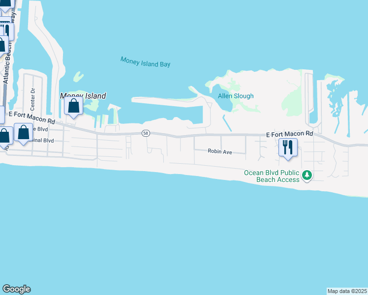 map of restaurants, bars, coffee shops, grocery stores, and more near 204 Dunes Avenue in Atlantic Beach