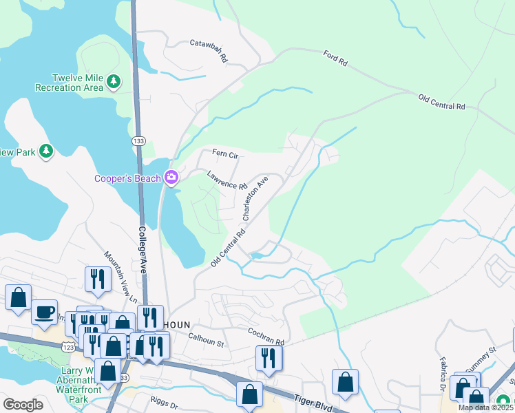 map of restaurants, bars, coffee shops, grocery stores, and more near 500 Old Central Road in Clemson