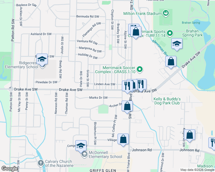 map of restaurants, bars, coffee shops, grocery stores, and more near 3317 Drake Avenue Southwest in Huntsville