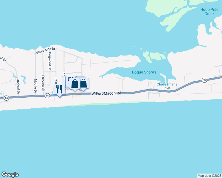 map of restaurants, bars, coffee shops, grocery stores, and more near 1701-2305 West Fort Macon Road in Atlantic Beach