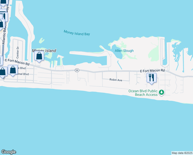 map of restaurants, bars, coffee shops, grocery stores, and more near 204 Dunes Avenue in Atlantic Beach