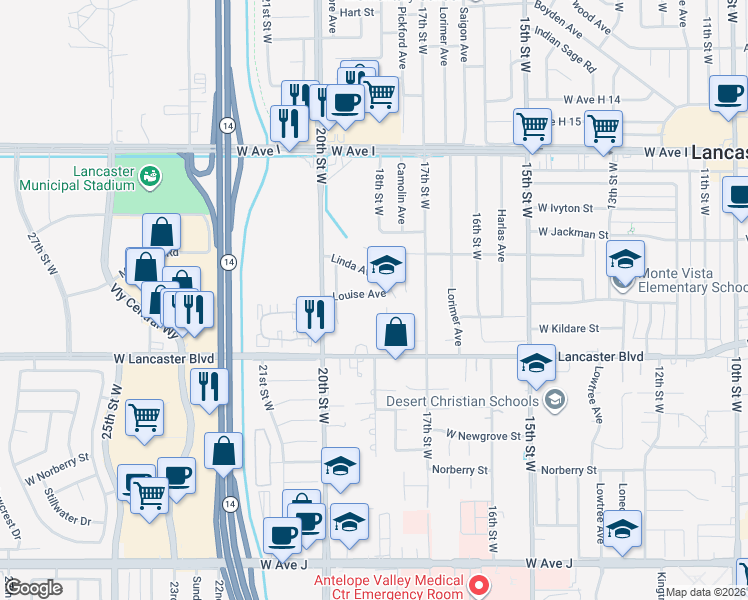 map of restaurants, bars, coffee shops, grocery stores, and more near 1821 West Lancaster Boulevard in Lancaster