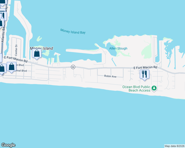 map of restaurants, bars, coffee shops, grocery stores, and more near 204 Dunes Avenue in Atlantic Beach