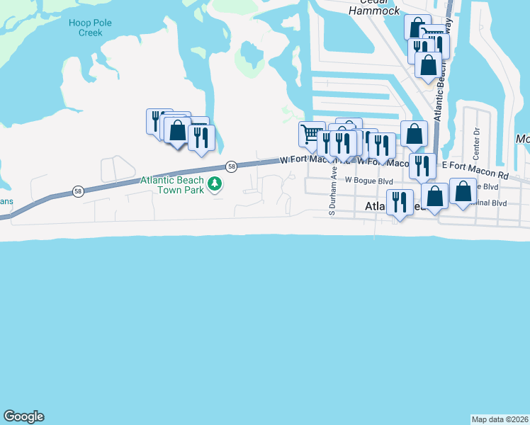 map of restaurants, bars, coffee shops, grocery stores, and more near 215 Ocean Ridge Drive in Atlantic Beach