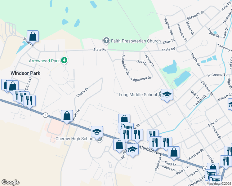 map of restaurants, bars, coffee shops, grocery stores, and more near Little John Rd in Cheraw