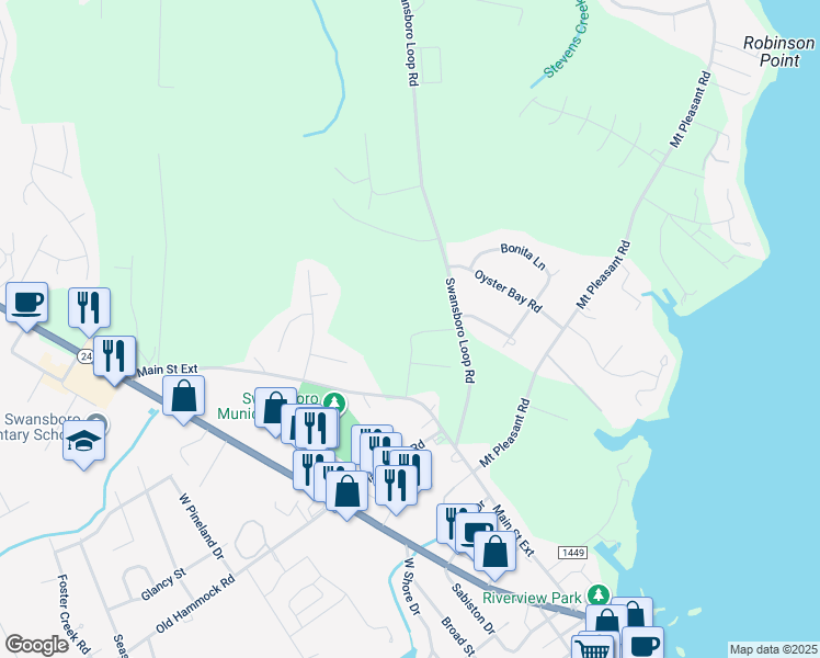 map of restaurants, bars, coffee shops, grocery stores, and more near in Swansboro