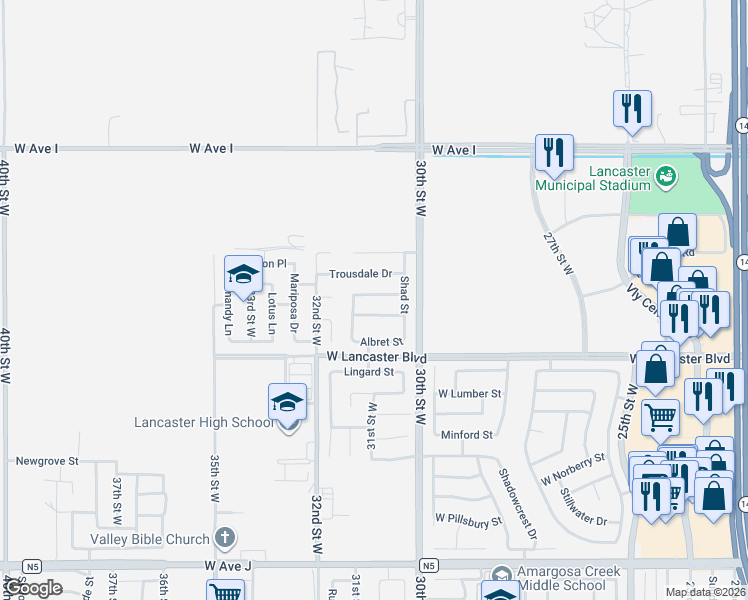 map of restaurants, bars, coffee shops, grocery stores, and more near 3052 Louise Avenue in Lancaster