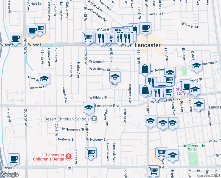 map of restaurants, bars, coffee shops, grocery stores, and more near 13th Street West in Lancaster