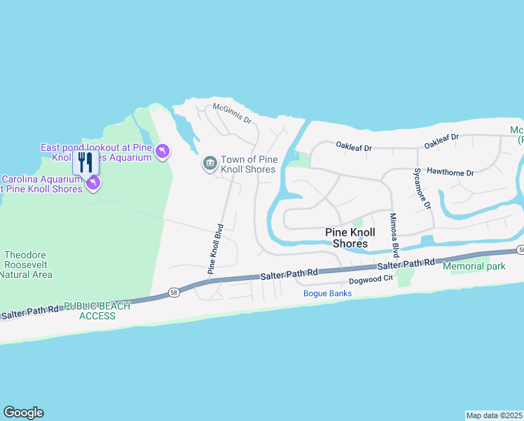 map of restaurants, bars, coffee shops, grocery stores, and more near 156 Arborvitae Drive in Pine Knoll Shores